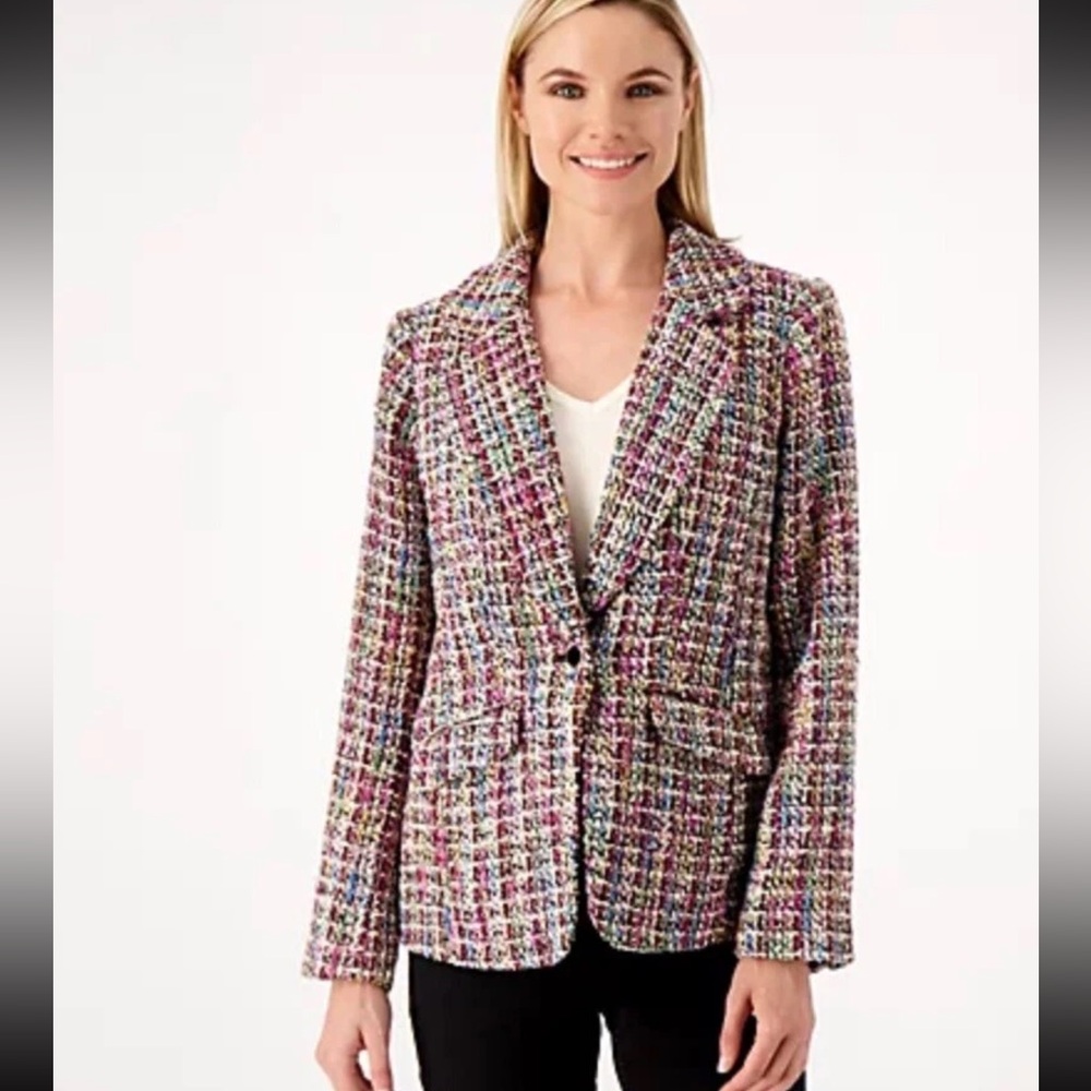 Dennis by Dennis Basso Tweed Wool Blazer Jacket Ivory Multicolor Rainbow Size 2